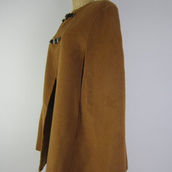 Zara Women Camel Cape Wool Blend Hand Made Faux Leather Buckles Relaxed - Picture 7 of 12